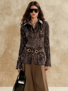 SHEIN Unity 女士优雅高端花卉装饰纽扣纹理休闲时尚开襟长袖衬衫，冬季 - 深灰色 - 查看 5
