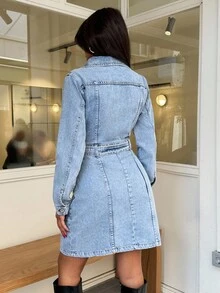 EURMUSE Mini Button And Belt Detailed Rigid Denim Dress - Light Wash - View 2