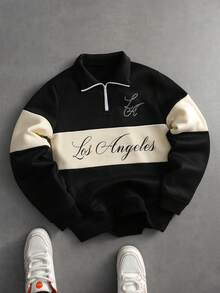 PAVTROS Men's Casual Fashion Street Daily Commute Letter Print Contrast Color Half Zip Stand Collar Sweatshirt, Autumn - Multicolor - View 1