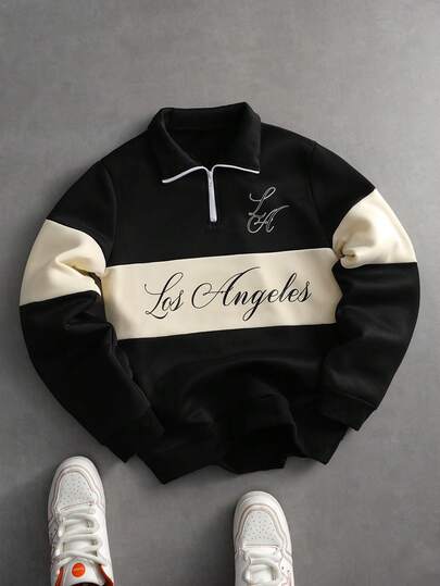 PAVTROS Sudadera casual de moda para hombres, de uso diario y para ir al trabajo, con estampado de letras, contraste de colores y cuello alto con media cremallera, para otoño