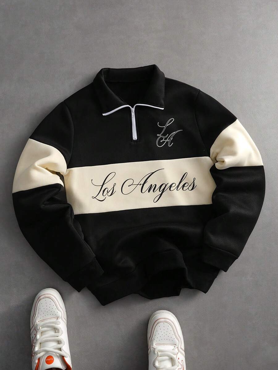 PAVTROS Men's Casual Fashion Street Daily Commute Letter Print Contrast Color Half Zip Stand Collar Sweatshirt, Autumn - Multicolor - View 1