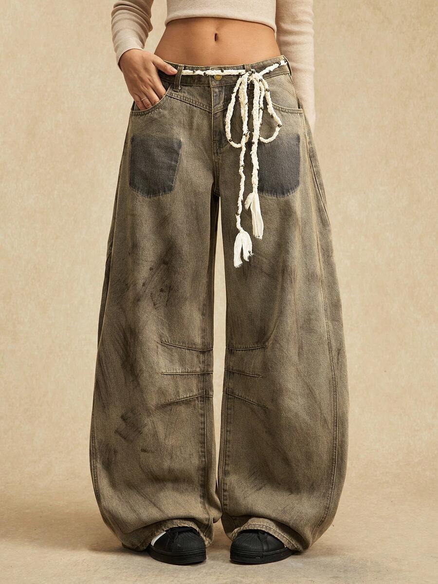 Easelle Casual Loose Wide-Leg Versatile Daily Button-Up Women Jeans - Khaki - View 1