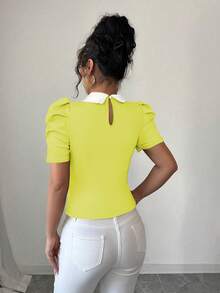 Elenzga Elegant Daily Wear Collared Black & White Contrast Bubble Beaded Fitted Women T-Shirt - Yellow - View 2