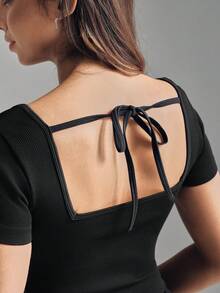 SHEIN Sports Áo thun thể thao tay ngắn liền mạch, dáng ôm, lưng thun - màu đen - Xem 2
