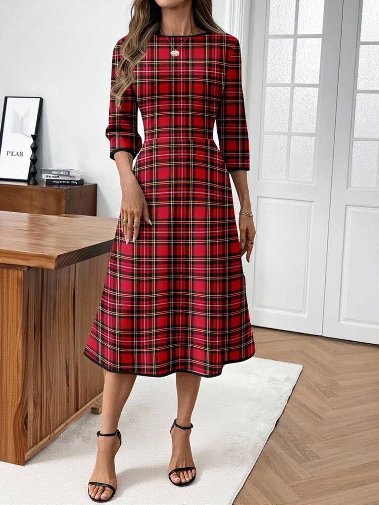 Women's Casual Plaid Pattern Mid-Length Dress, Suitable For Autumn/Winter Plaid Dress Women,Christmas
