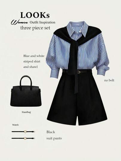 Franclia 2pcs Women Striped Shirt With Waist Belt And Loose Shorts Set, Casual Outfit For Spring/Summer 3 Pieces Set Short Sets For Women Outfit Office Outfits For Women Set French Style Clothes Plus Short Sets Outfits Striped Shirt And Shorts Set Three Pieces Set Women's Short Sets 3 Piece Set