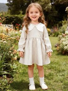 Vintaside Kids 1pc White Butterfly Collar Brown & White Striped Long Sleeve Dress, Young Girls - Multicolor - View 3