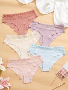 Eraneu 5pcs/Pack Lace Patchwork Seamless Briefs, Fashionable & Sweet - Multicolor - View 4