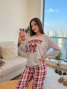 SHEIN 2 件套少女睡衣套装 - 红色格子蝴蝶结印花牛奶丝长袖上衣和全身格子宽松舒适裤，圣诞红色格子服装 1 套 - 灰色 - 查看 4