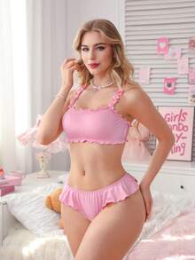 2pcs Women's Bra And Panty Set (Wireless, Triangle Panty) - Pink - View 3