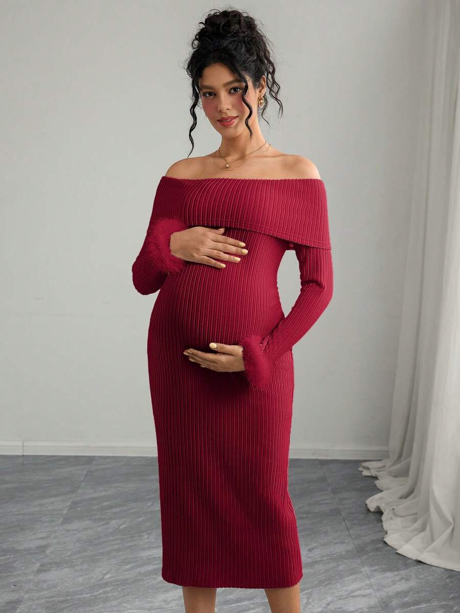 SHEIN Maternity Long Sleeve Fuzzy Off-Shoulder Bodycon Dress - Burgundy - View 1