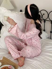 少女心形印花长袖开衫和裤子睡衣套装 - 彩色 - 查看 7