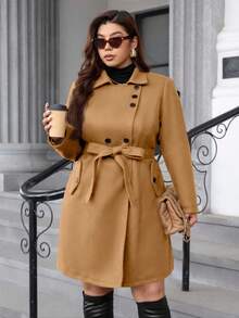 SHEIN Clasi 大码纯色简约日常保暖长袖外套 - 卡其色 - 查看 7