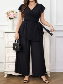 SHEIN Clasi 大码女士优雅纯色上衣和裤子两件套 - 黑色 - 查看 8