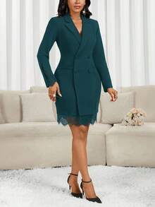 SHEIN Lady Women's Solid Color Minimalist Long Sleeve Short Casual Dress - Dark Green - View 7
