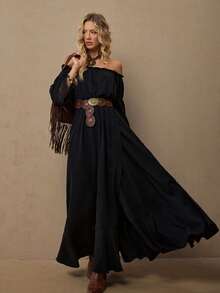 Freevana Women's Vacation Black Off-Shoulder Long Sleeve Cinched Waist A-Line Dress, Lace Trim Cuffs Loose Dress, Forest Style Autumn/Winter Dress Black Off Shoulder Dress - Black - View 4