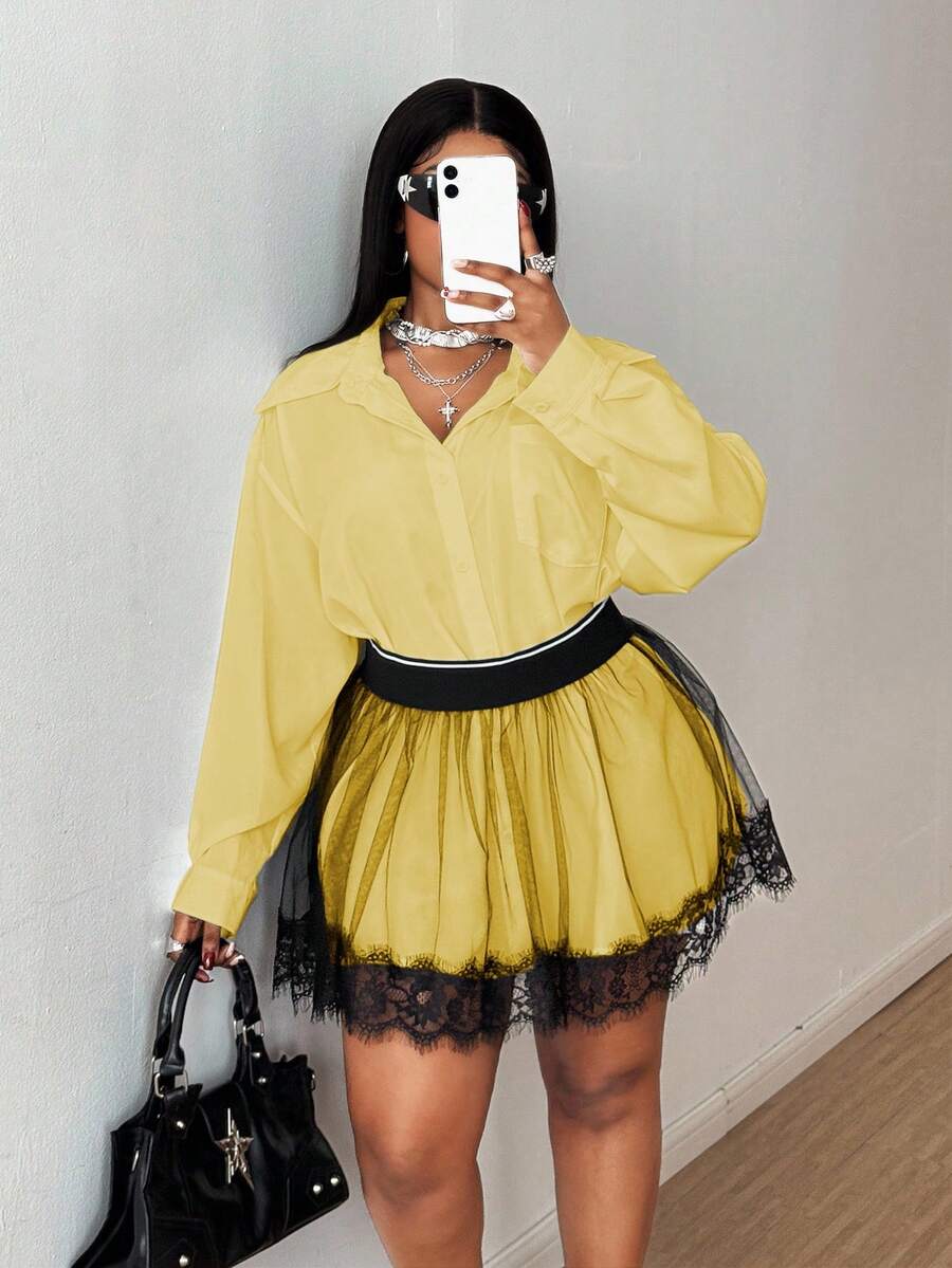 Maweii Plus Size Shirt & Mesh Skirt 2 Pieces Set - Yellow - View 1