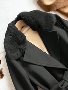 Elegant Sophisticated Long Cinched Waist Wool Blend Coat With Fur Collar For Tween GirlsKhaki, Slim Fit, Fashionable - Black - View 5