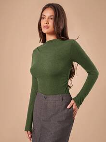 SHEIN Forever 21 F21 女士纯色简约优雅日常长袖修身T恤 - 綠色 - 查看 6