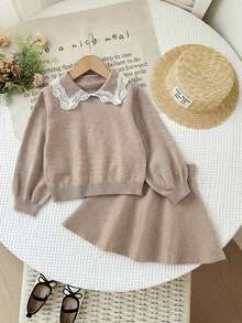SHEIN Bộ áo len và chân váy xếp nếp màu tương phản dễ thương cho bé gái - Màu Khaki - Xem 8