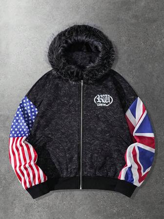 Felpa con cappuccio casual da uomo con chiusura lampo e stampa della bandiera americana