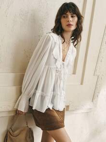 Cévolie 女士优雅通勤荷叶边系带梭织衬衫 - 白色 - 查看 5