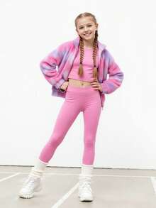 JNSQ Set de 3 piese pentru fete preadolescente, include jachetă pufoasă îngroșată, maiou mulat și pantaloni de yoga groși, potrivit pentru purtare zilnică de toamnă/iarnă, activități în aer liber, vacanță, streetwear, petreceri și timp liber - Roz - Vizualizare 2
