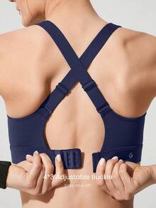 GLOWMODE OptiDry Plus Size Win Soft Stretchy Built-In Cups Square Neck Front Zipper Crossover Back Sports Bra Running Gym Workout Spring - Dark Blue - View 4