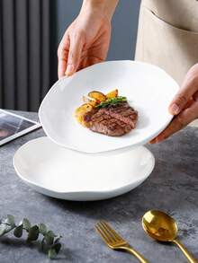 4pcs 8-Inch Wavy Rim Ceramic Salad Plates, Solid White Minimalist Style, Suitable For Home Dining, Easy To Clean And Stack - White - View 3