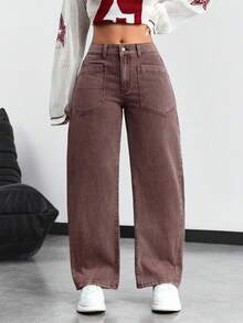 SHEIN Tall 女士口袋设计阔腿宽松休闲牛仔裤 - 棕色 - 查看 6