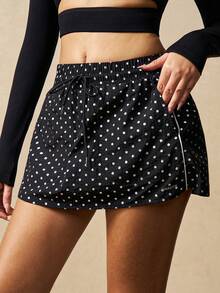 VARSIVA Women's Black Elastic Waist Drawstring Slimming Silver Polka Dot Print Jumpsuit With Built-In Side Pockets - Casual Tennis Sports Skirt.