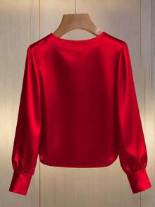 Franclia Women's Elegant Round Neck Pearl Embellished Long Sleeve T-Shirt, Suitable For Commuting - Red - View 2