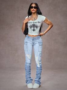 SHEIN Tall 高个子弹力做旧工装口袋水洗牛仔裤 - 淺色水洗藍 - 查看 6