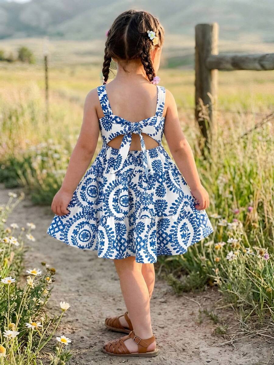Emery Rose Kids Emery Rose Kids Young Girl Blue Totem Print Detachable Bow Decor Dress, Fashionable Design Suitable For Outdoor Vacation Blue And White Floral Dress Girls Open Back Dress For Kids Twirl Dress Girls Tween Blue And White Dress