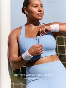 GLOWMODE OptiDry Plus Size  Win Soft Stretchy Built-In Cups Square Neck Front Zipper Crossover Back Sports Bra Medium Impact Training Running Gym Workout Daily Active Wear Valentine's Day Spring Summer - Baby Blue - View 3