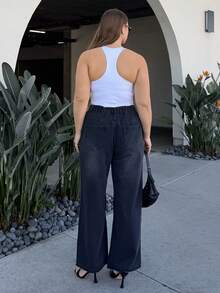 Nezia Cruz Plus Size Women Loose Casual Retro Denim Wide Leg Pants With Pockets - Black - View 2