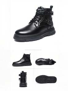 Botas casuales de hombre para otoño invierno ajustables y duraderas,Botas casuales de caña alta para hombres, Botas De Trabajo Multifuncional, Botas negro para hombre, estilo británico, talla grande, de cuero, botas de trabajo casuales, con aumento de altura, adecuadas para todas las estaciones - Negro - Ver 5