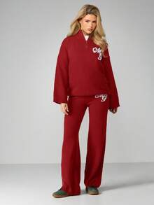 MISSGUIDED Oversized Quarter Zip Jumper With Logo Detail Long Sleeve Knit Pullover Winter Casual Sweater - Burgundy - View 6