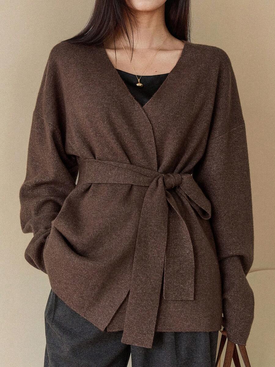 Dazy-Less Women's Loose Business Casual Elegant Tie-Front Cardigan Sweater, Suitable For Autumn, Spring, Winter, Street Style, New Year, Christmas - Brown - View 1