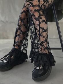 FRIFUL Pantalones casuales rectos de cintura elástica de unicolor, de tela de encaje transparente, versátiles para otoño/invierno - Negro - Ver 5