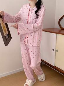 少女心形印花长袖开衫和裤子睡衣套装 - 彩色 - 查看 6
