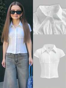 Firerie Kids Tween-Mädchen Elegantes, weißes Kurzarmhemd mit Bundfalten im College-Stil – perfekt für Pendler und Lässig . - Weiss - Übersicht 7