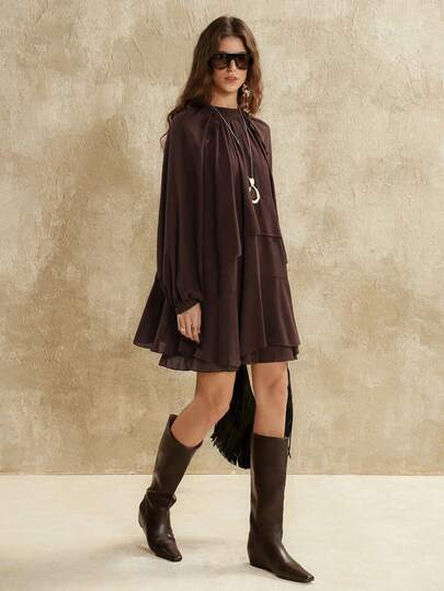 Florisole 女士秋冬波西米亚风A字荷叶边复古时尚连衣裙