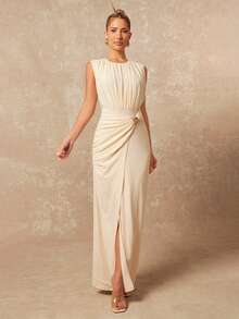 Lumalex Women's Elegant Beige Summer Maxi Dress,Round Neck Pleated Metal Décor Sleeveless Fitted Evening Gown,High Split Hem Dining Party Wedding Guest Dress - Apricot - View 3