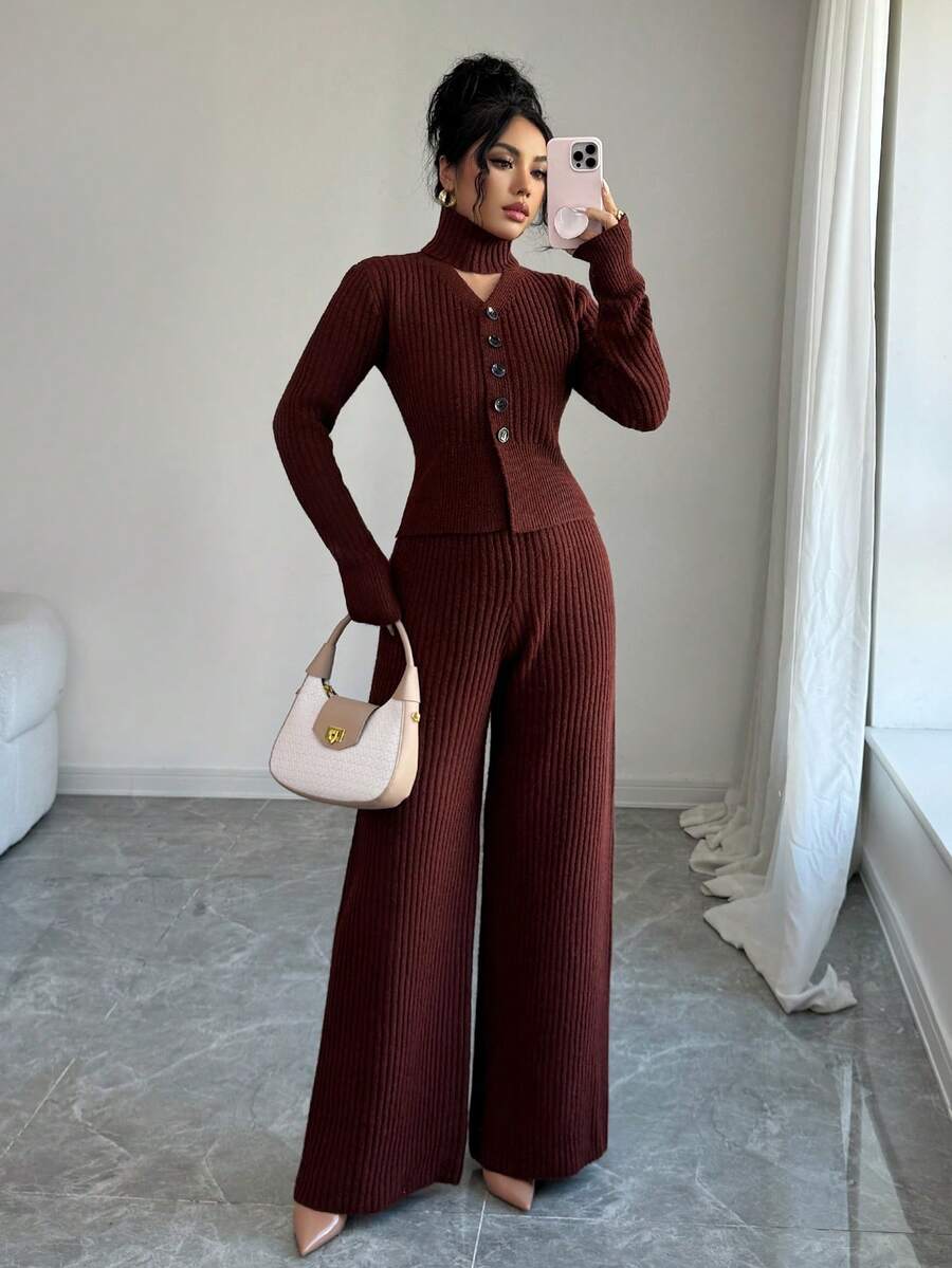 SHEIN Elenzya Women's Solid Color Ribbed Knit Set, High Neck Collar V-Neck Single-Breasted Cardigan And Wide Leg Pants 3-Piece Vintage Outfit