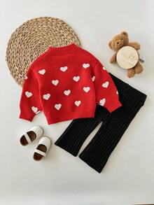 SHEIN 2 件套女婴可爱波尔卡圆点长袖毛衣和松紧腰裤套装，休闲秋冬 - 紅色 - 查看 2