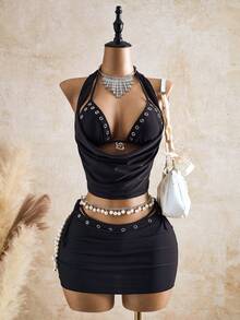 Bellisia 四件套纯色面料套装：蜗牛金属装饰镂空露脐上衣、配套系带丁字裤、镂空紧身迷你裙，性感沙滩度假比基尼套装（女士款） - 黑色 - 查看 5