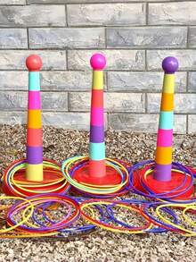 2件套塑料套圈游戏套装，彩色运动圈，适合户外嘉年华派对游戏、成人家庭后院活动、手眼协调玩具、趣味露营海滩生日礼物，适合所有年龄段 - 彩色 - 查看 8