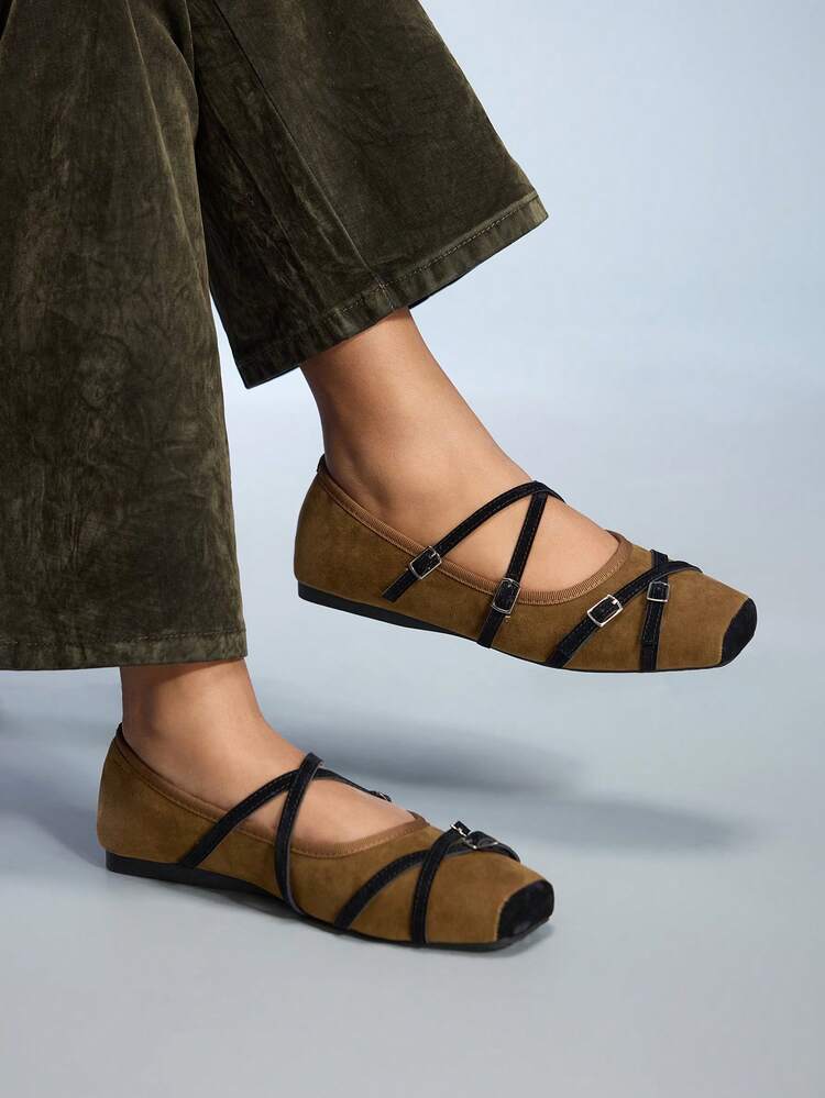 CUCCOO GRLICON Women's Square Toe Criss-Cross Buckle Design Casual Flat Loafers, Motorcycle Style Outfit For Cool Girls, Suitable For Spring/Summer, Vacation, Travel, 2000s Style