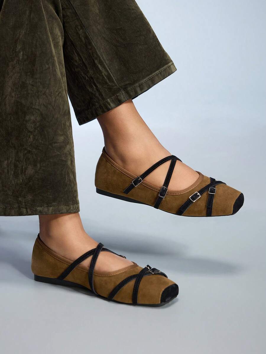 CUCCOO GRLICON Women's Square Toe Criss-Cross Strap Casual Flat Loafers For Christmas Valentine's Day - Brown - View 1